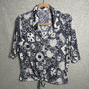 Naif Large Women Top Blue White Button Short Sleeve Lightweight Tie Boho Stretch